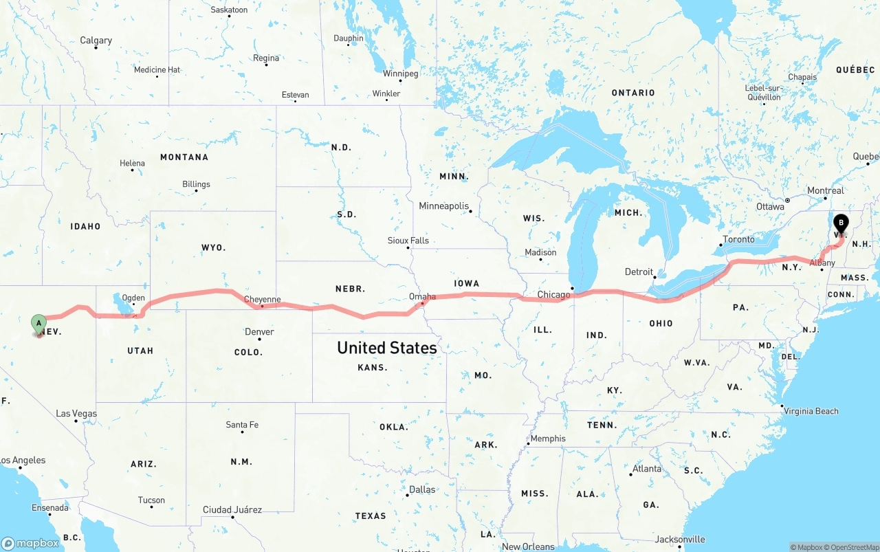 Shipping route from Nevada to Vermont
