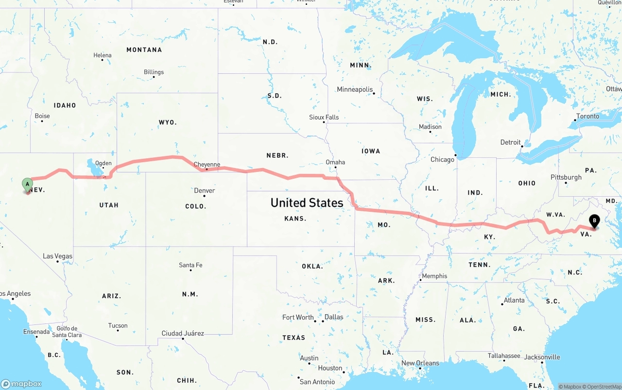 Shipping route from Nevada to Virginia