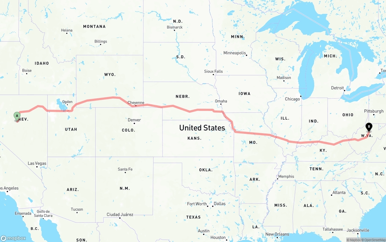 Shipping route from Nevada to West Virginia
