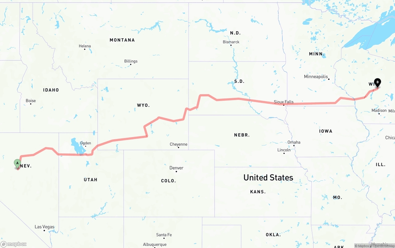 Shipping route from Nevada to Wisconsin