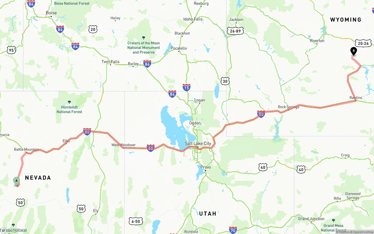 Shipping route from Nevada to Wyoming