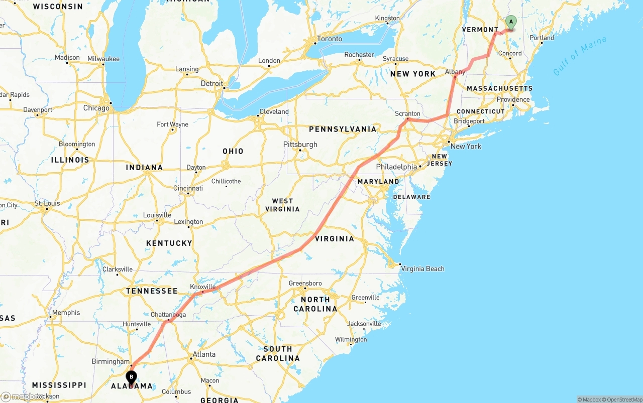 Shipping route from New Hampshire to Alabama