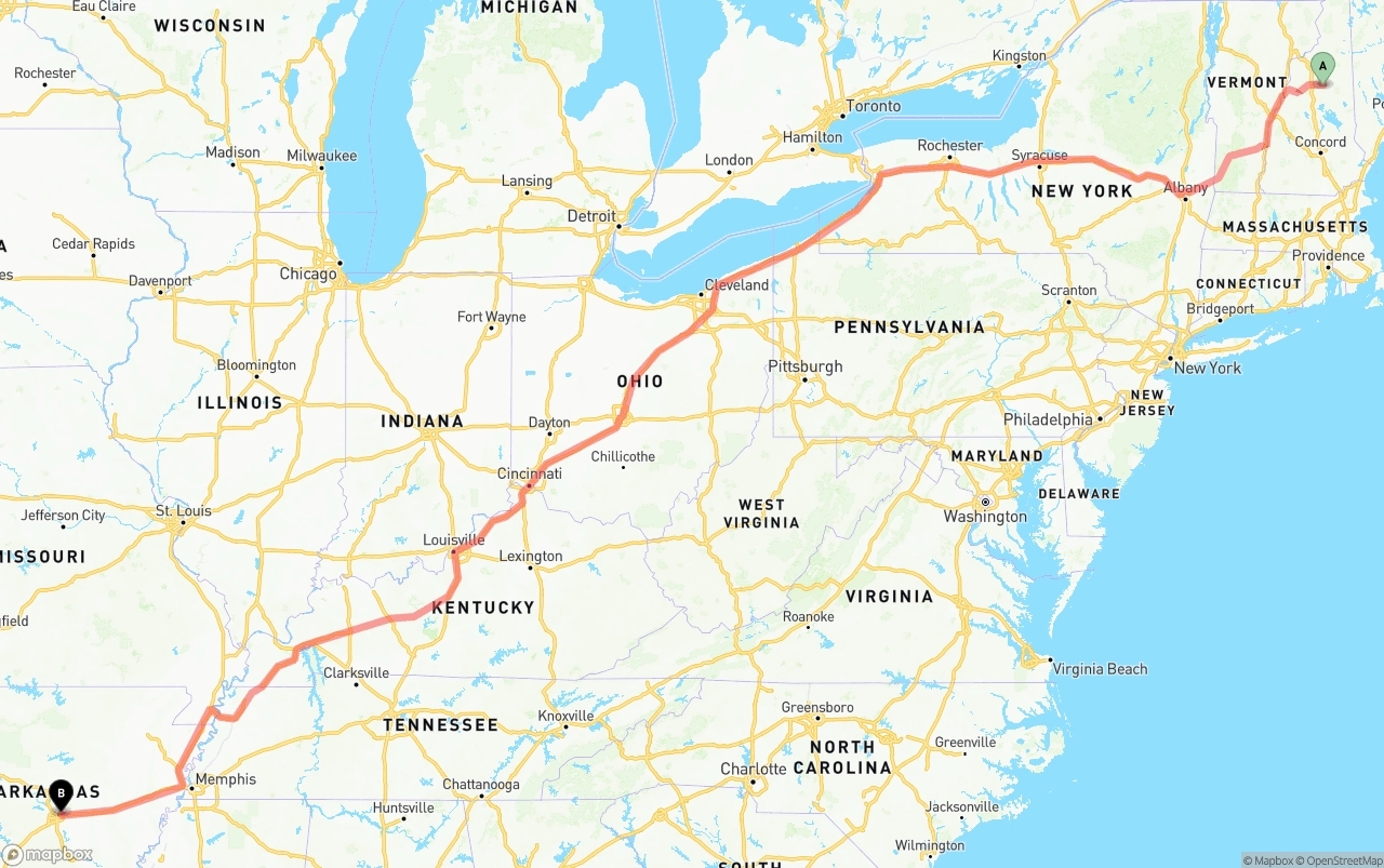 Shipping route from New Hampshire to Arkansas
