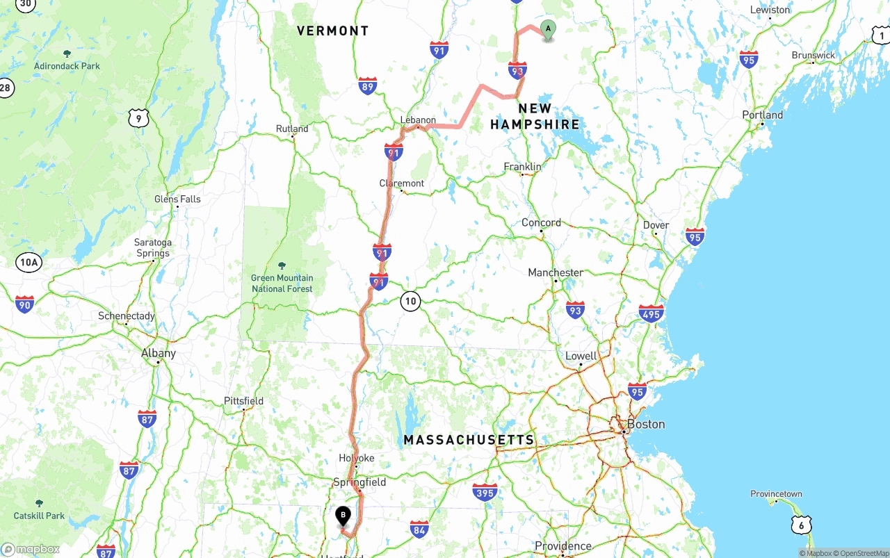 Shipping route from New Hampshire to Bradley International Airport