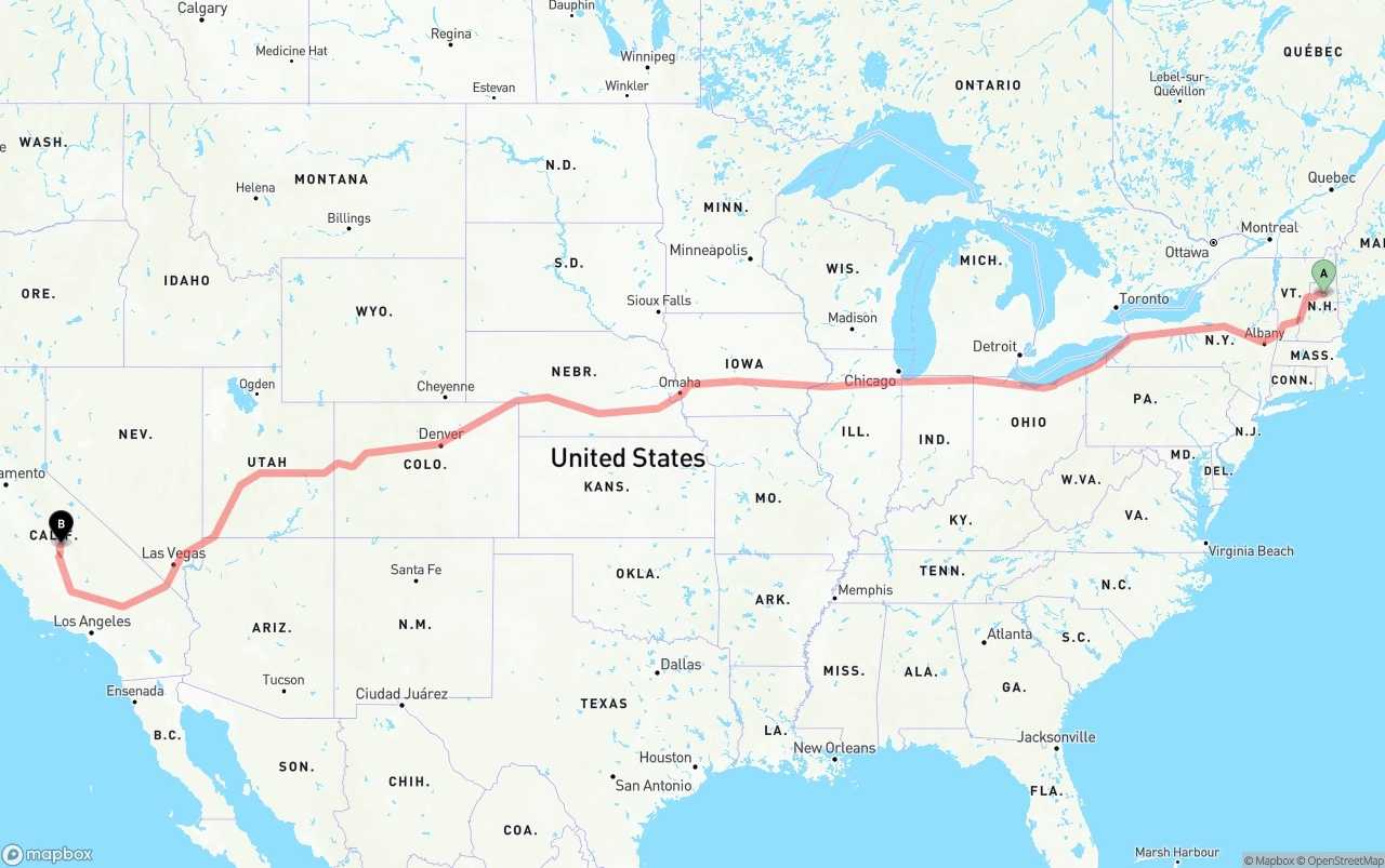 Shipping route from New Hampshire to California