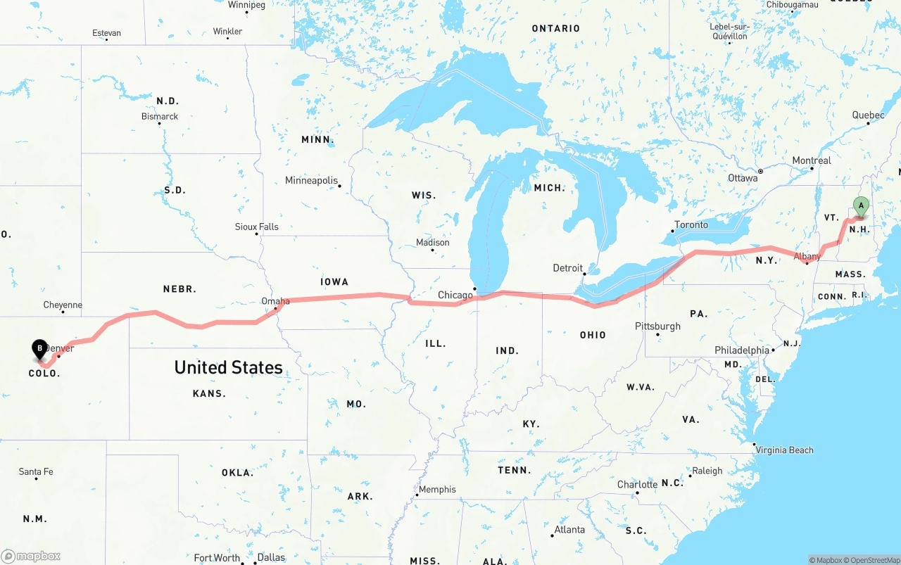 Shipping route from New Hampshire to Colorado