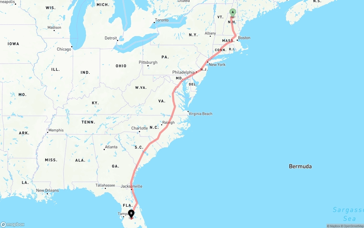 Shipping route from New Hampshire to Florida