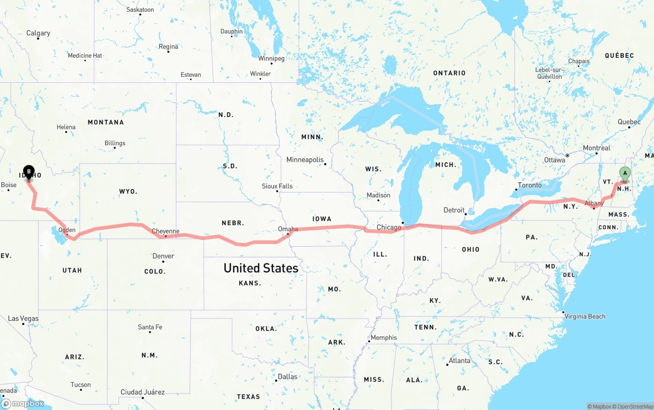 Shipping route from New Hampshire to Idaho