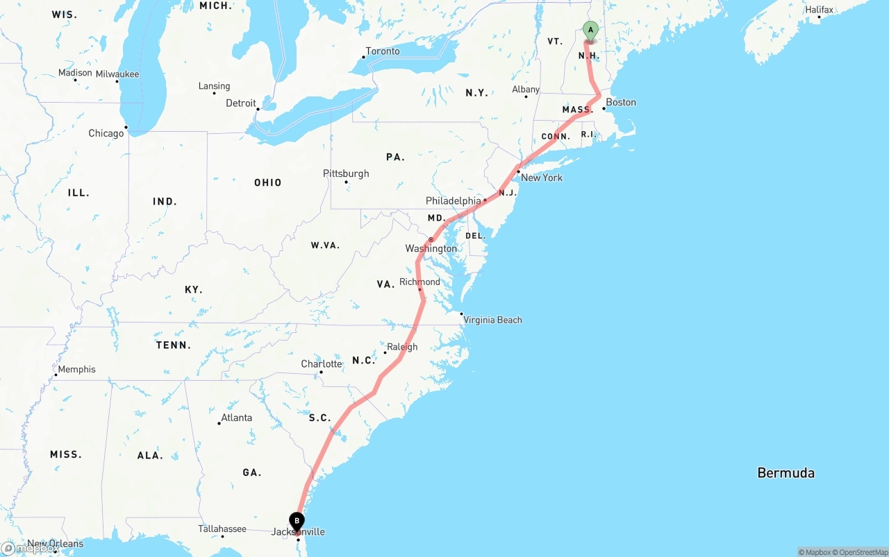 Shipping route from New Hampshire to Jacksonville International Airport