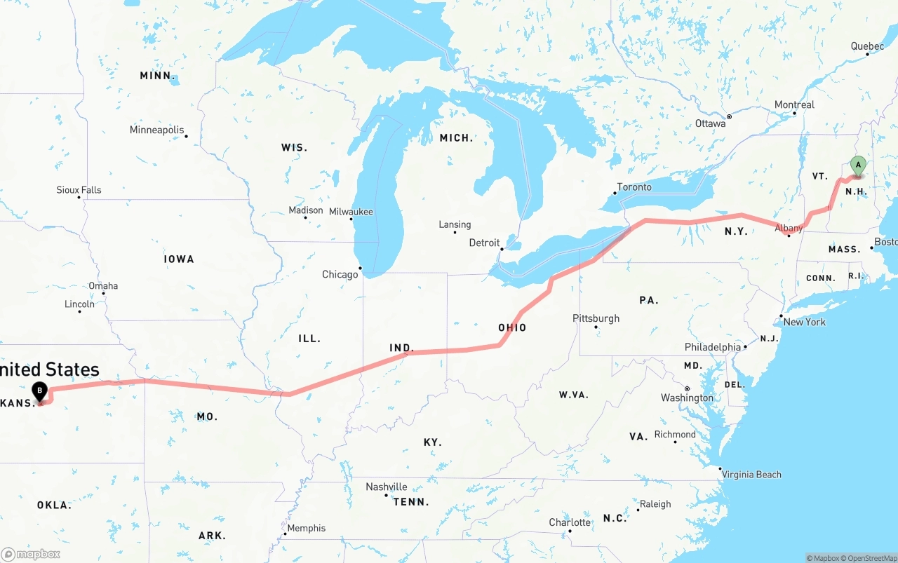 Shipping route from New Hampshire to Kansas
