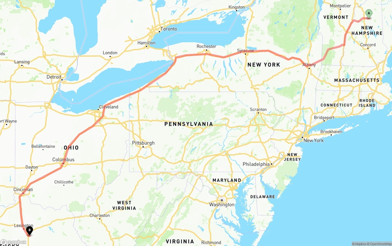 Shipping route from New Hampshire to Kentucky