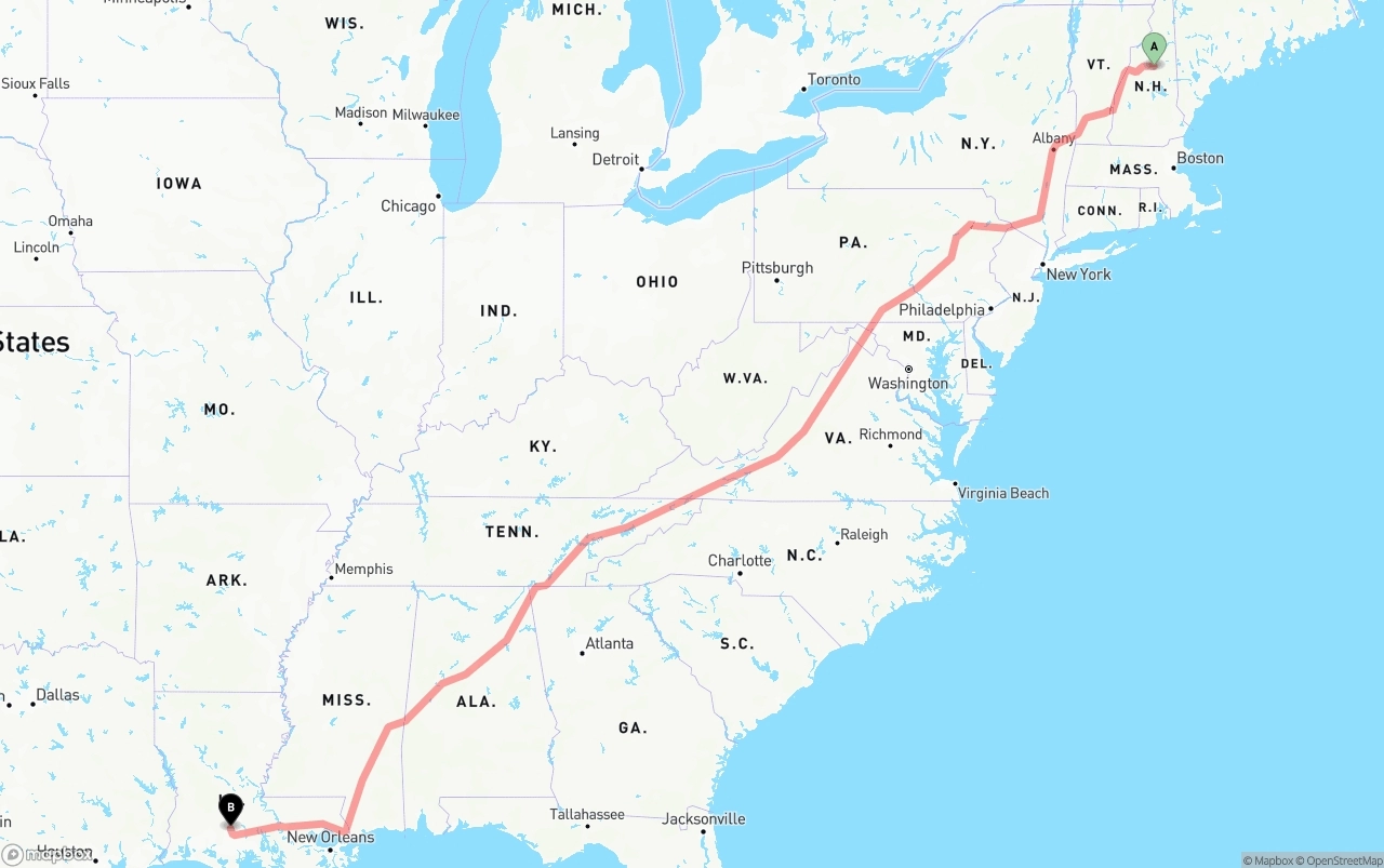 Shipping route from New Hampshire to Louisiana