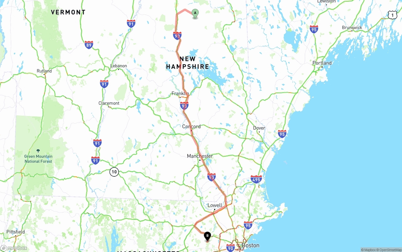 Shipping route from New Hampshire to Massachusetts