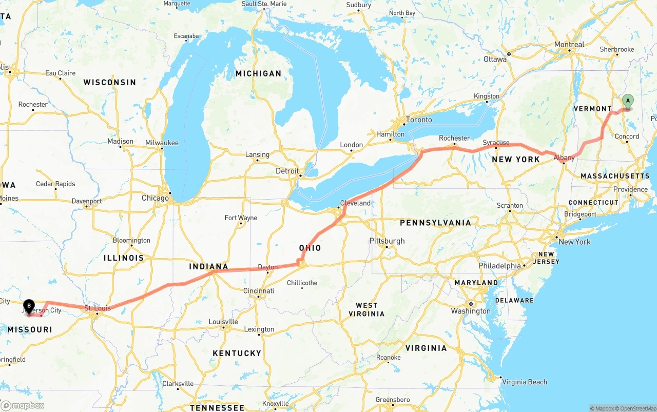 Shipping route from New Hampshire to Missouri