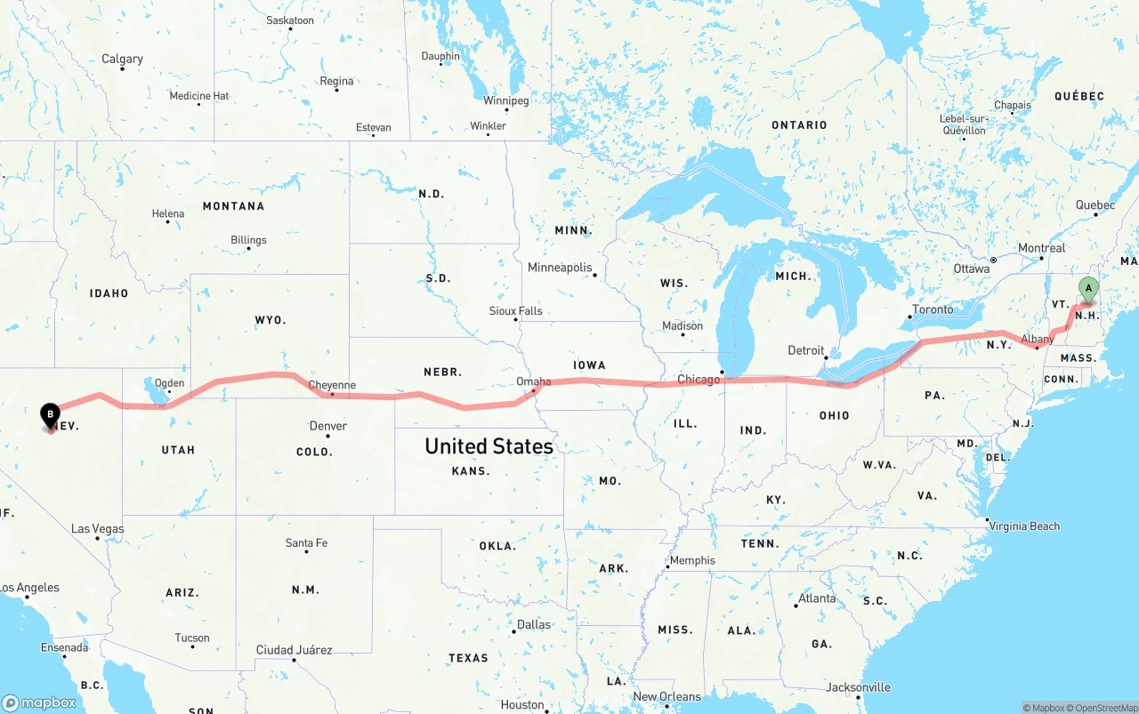 Shipping route from New Hampshire to Nevada