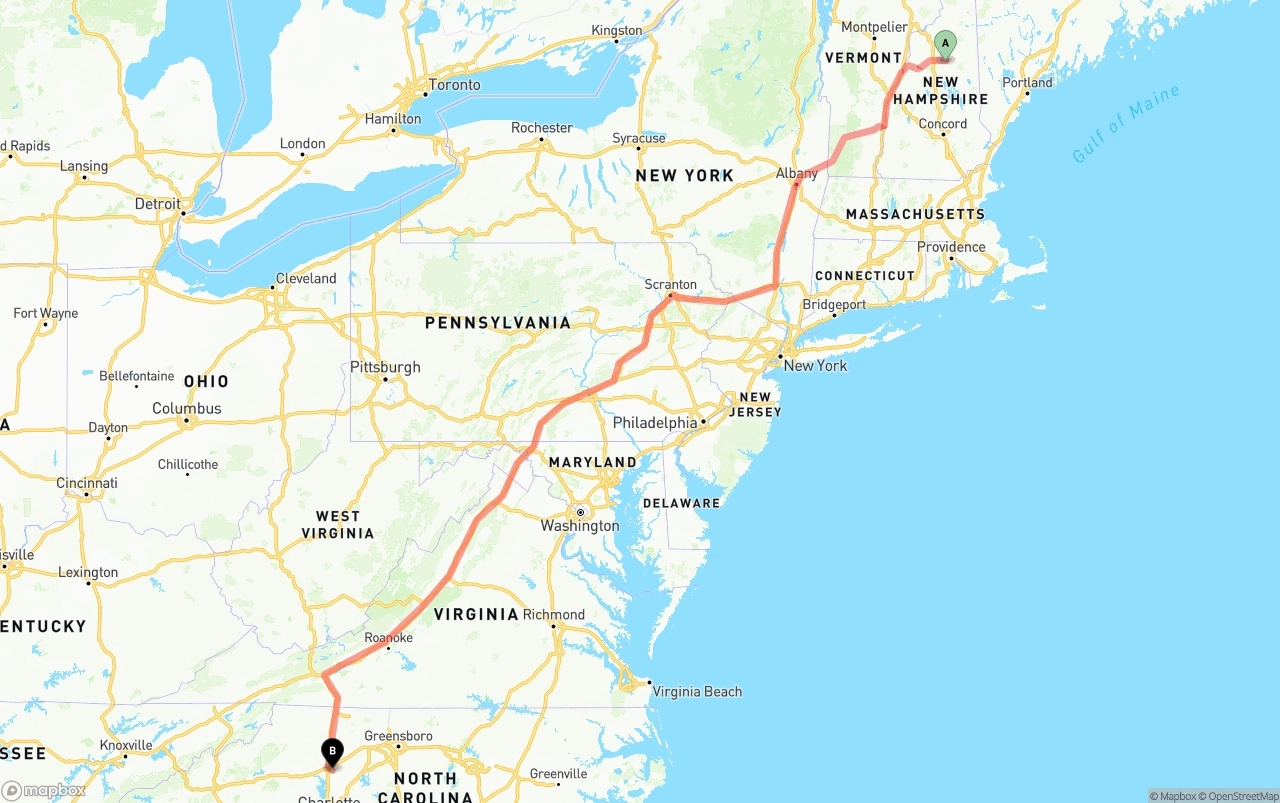 Shipping route from New Hampshire to North Carolina