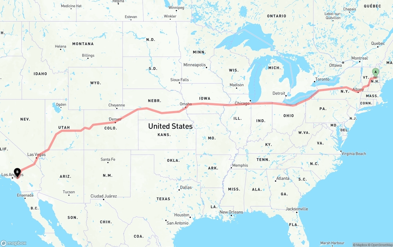 Shipping route from New Hampshire to Ontario International Airport