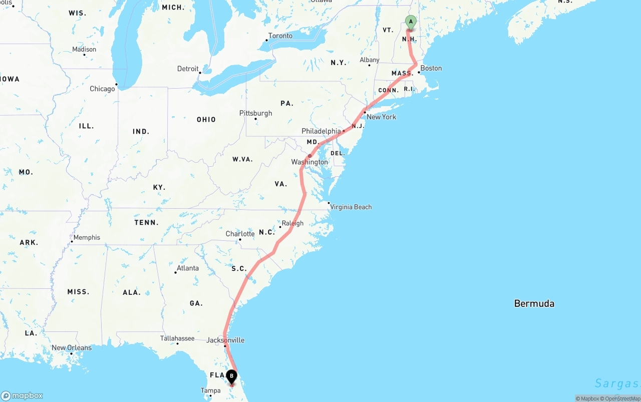 Shipping route from New Hampshire to Orlando International Airport
