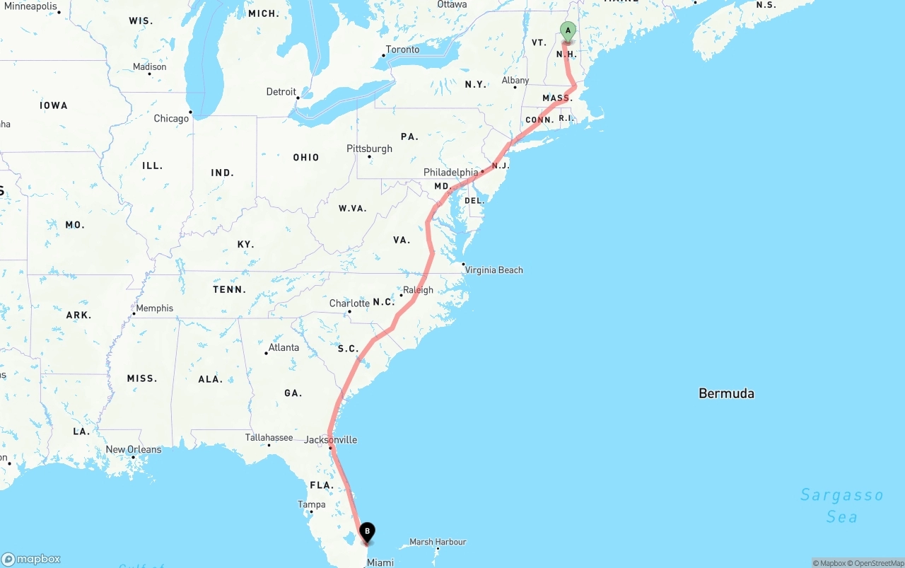 Shipping route from New Hampshire to Palm Beach International Airport