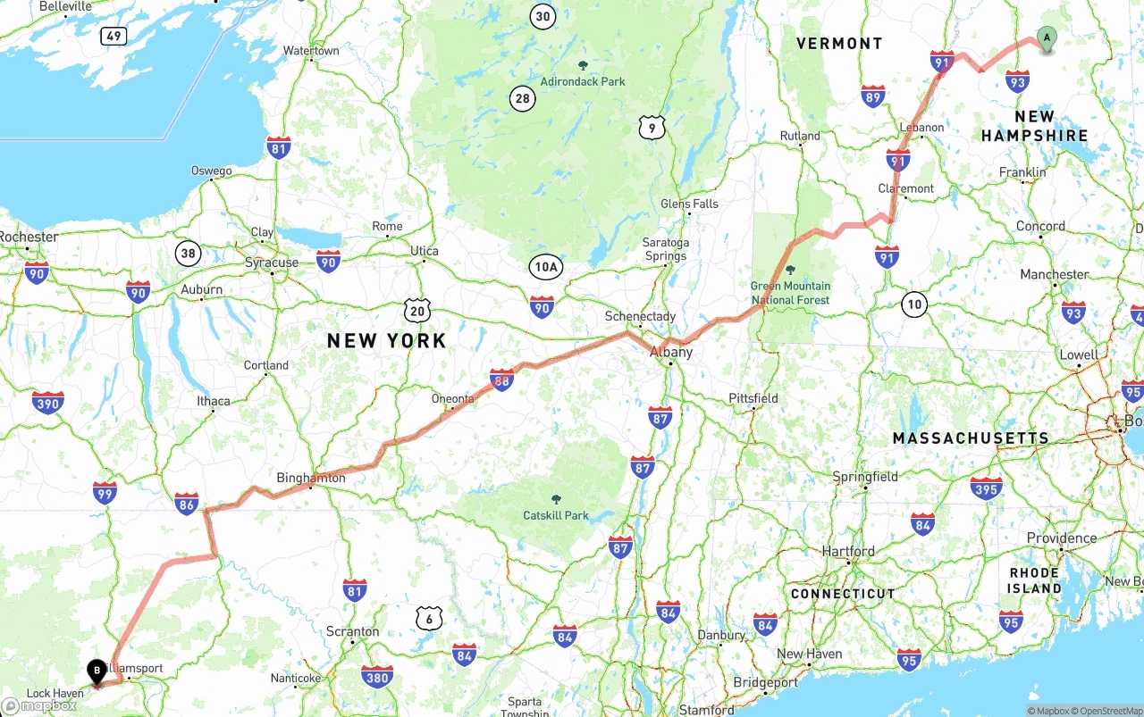 Shipping route from New Hampshire to Pennsylvania