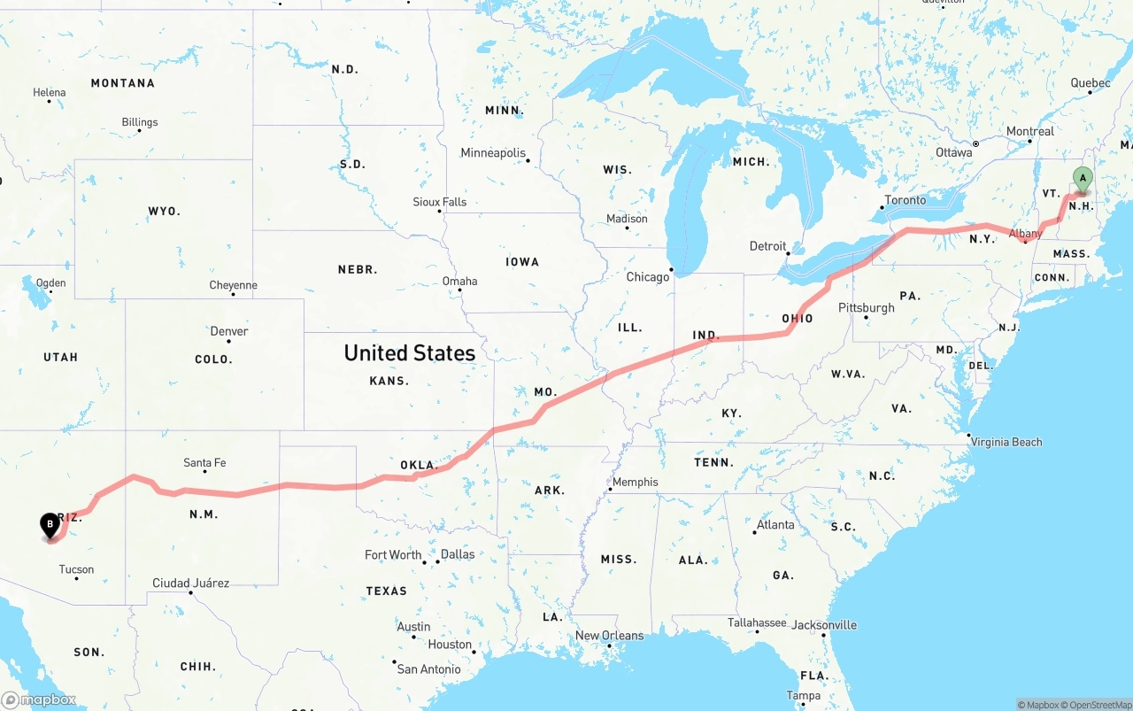 Shipping route from New Hampshire to Phoenix Sky Harbor International Airport