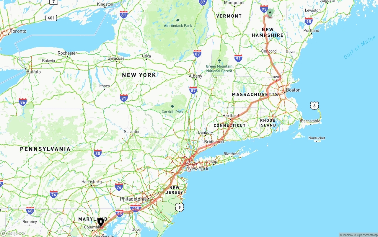 Shipping route from New Hampshire to Port of Baltimore