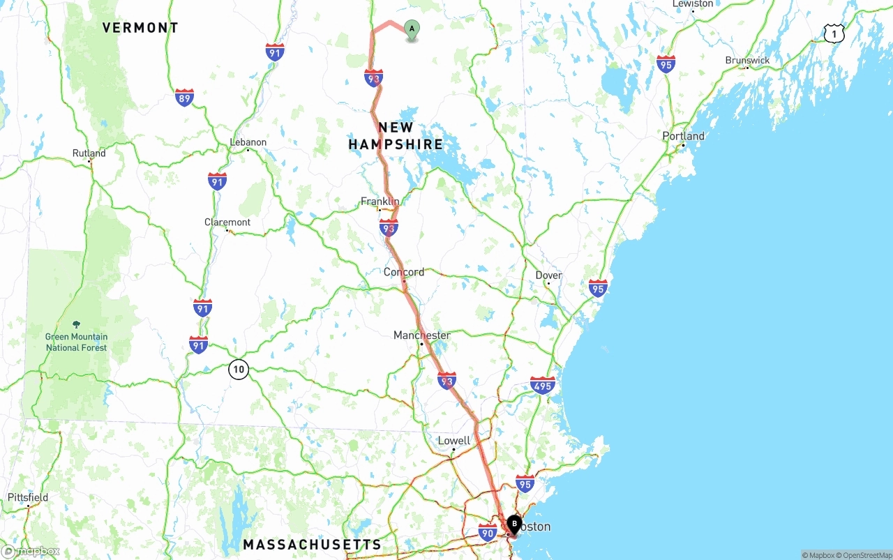 Shipping route from New Hampshire to Port of Boston