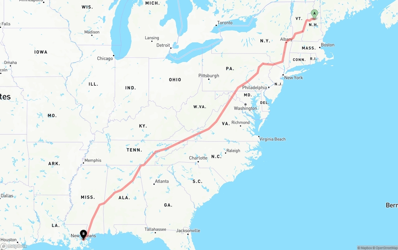 Shipping route from New Hampshire to Port of New Orleans