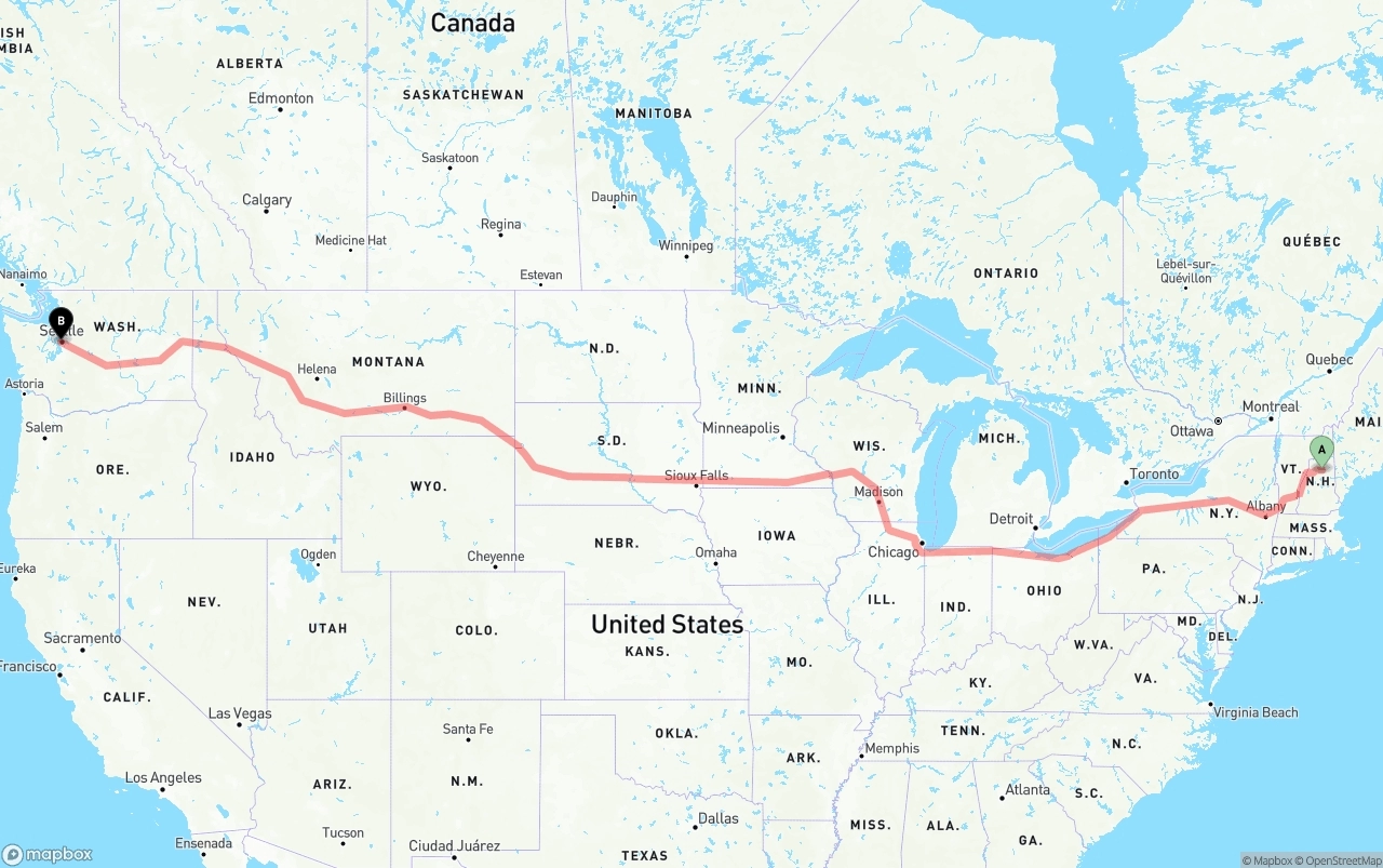 Shipping route from New Hampshire to Port of Seattle