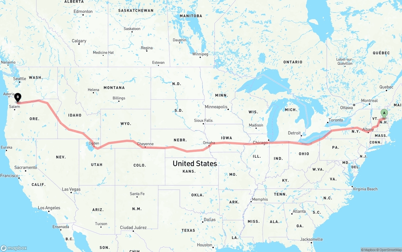 Shipping route from New Hampshire to Portland International Airport