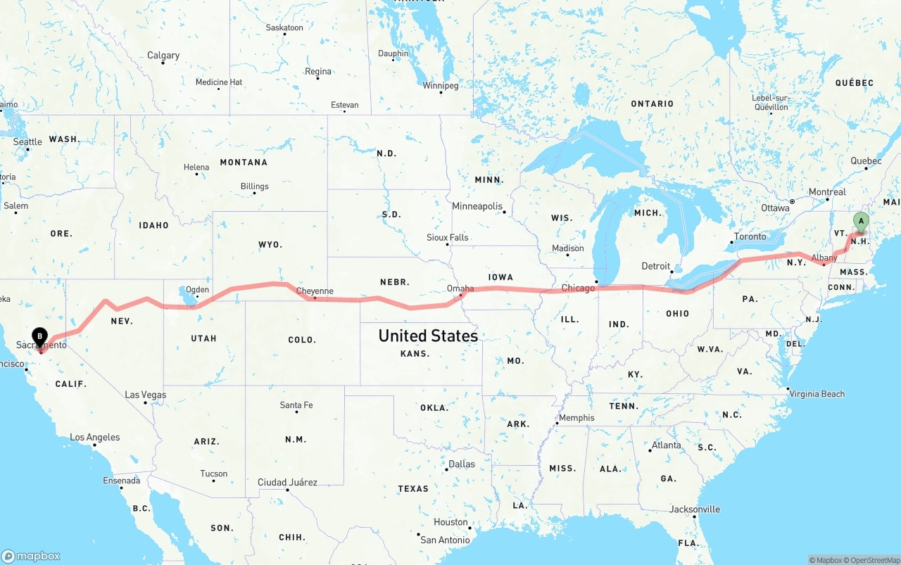 Shipping route from New Hampshire to Sacramento International Airport