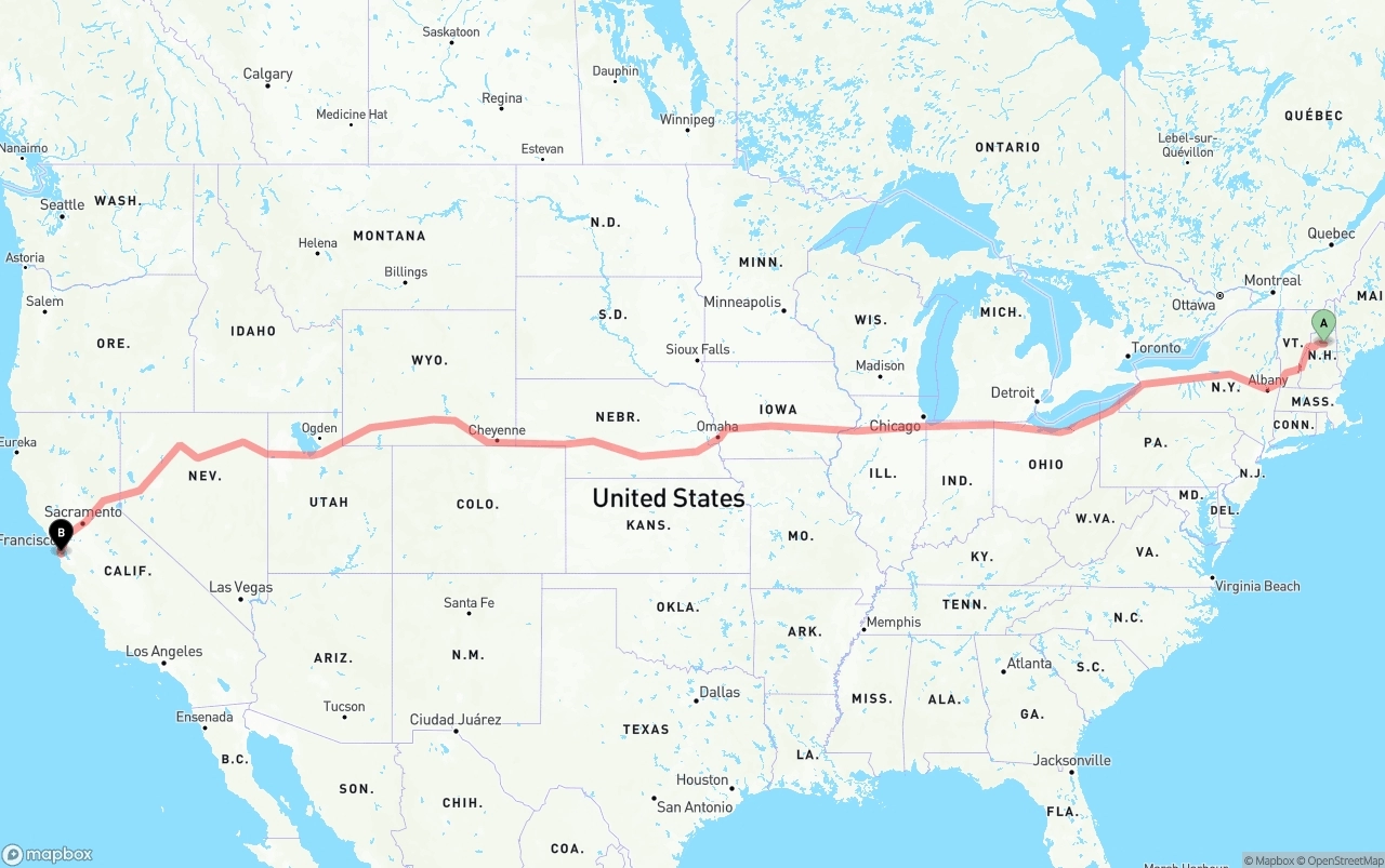 Shipping route from New Hampshire to San Francisco International Airport