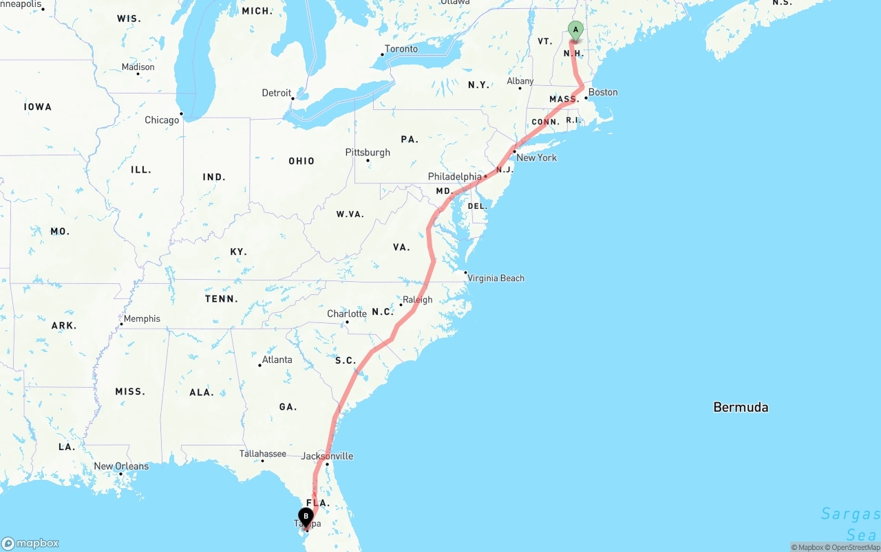 Shipping route from New Hampshire to Tampa International Airport