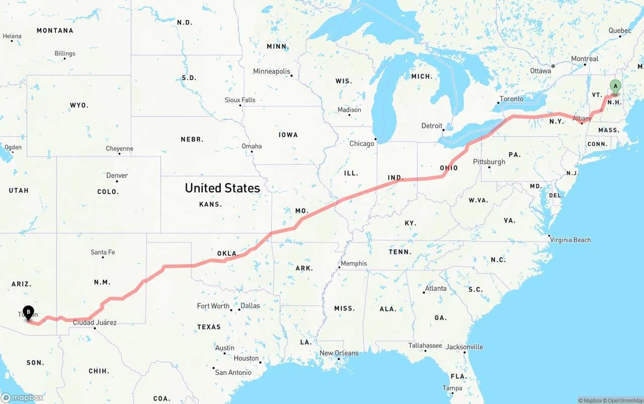 Shipping route from New Hampshire to Tucson International Airport