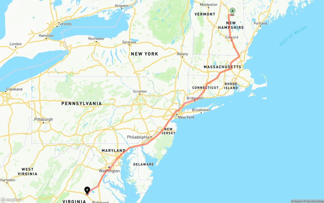 Shipping route from New Hampshire to Virginia
