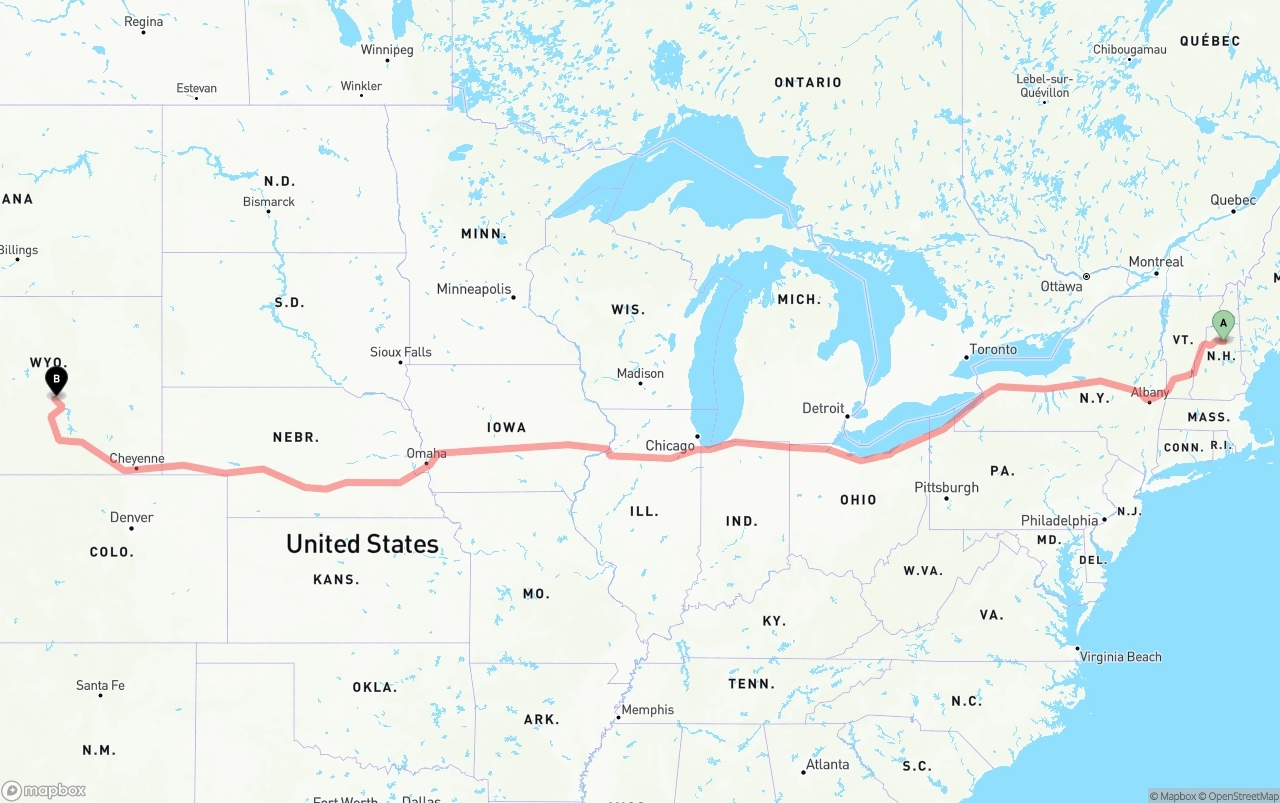 Shipping route from New Hampshire to Wyoming