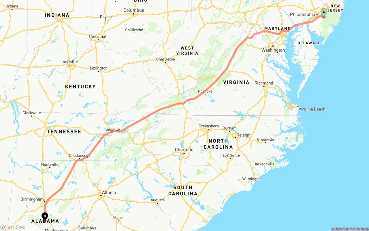 Shipping route from New Jersey to Alabama