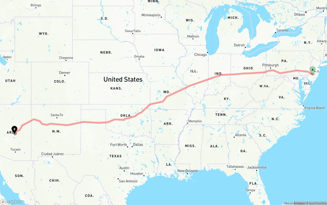 Shipping route from New Jersey to Arizona
