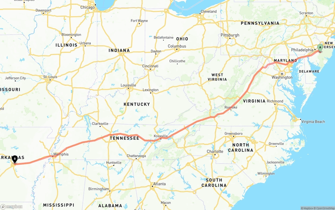 Shipping route from New Jersey to Arkansas