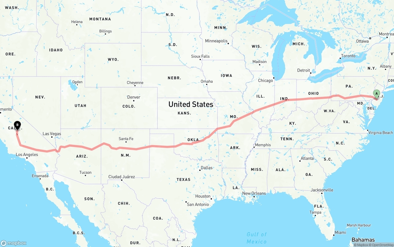 Shipping route from New Jersey to California