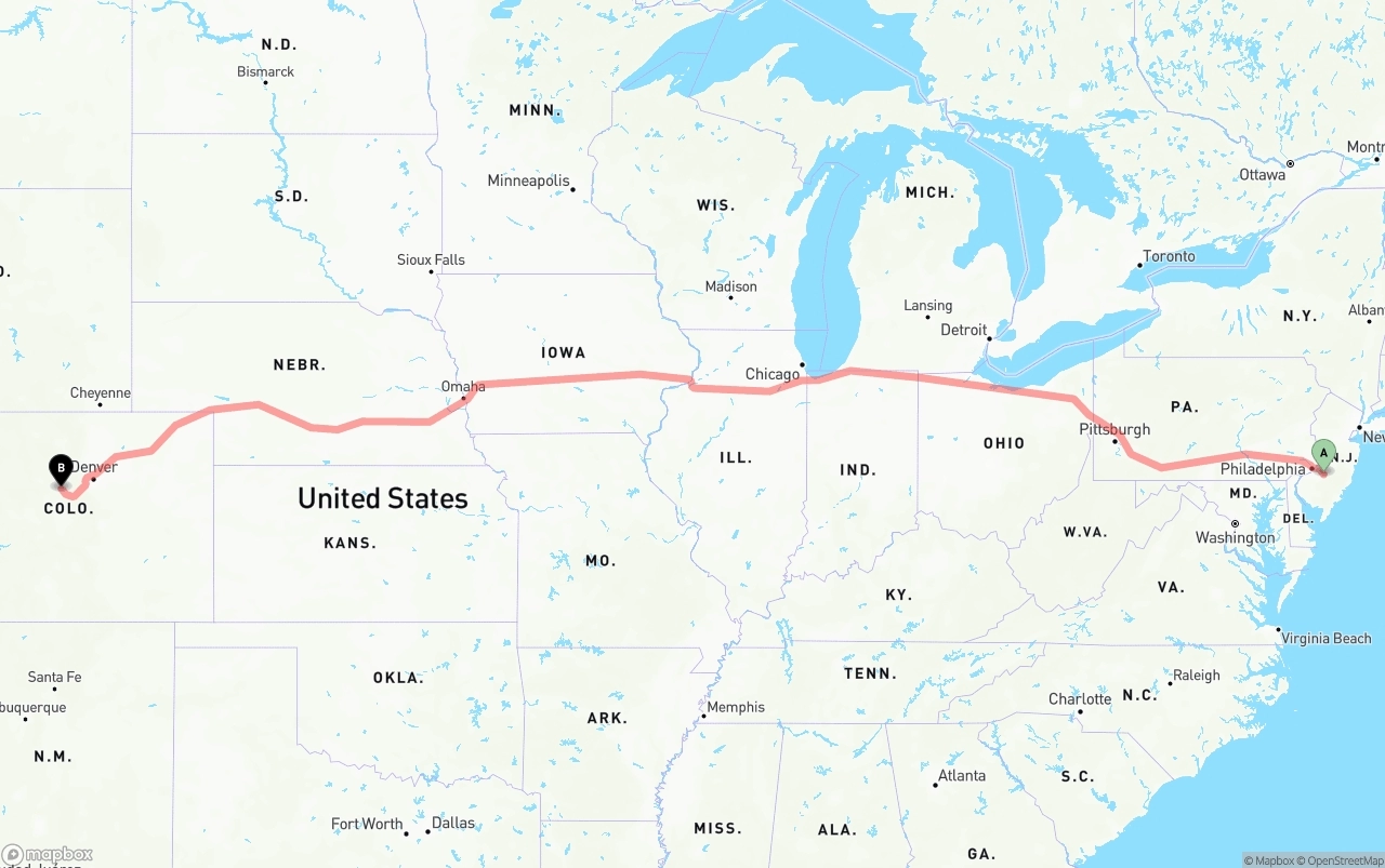 Shipping route from New Jersey to Colorado