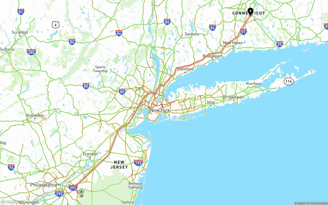 Shipping route from New Jersey to Connecticut