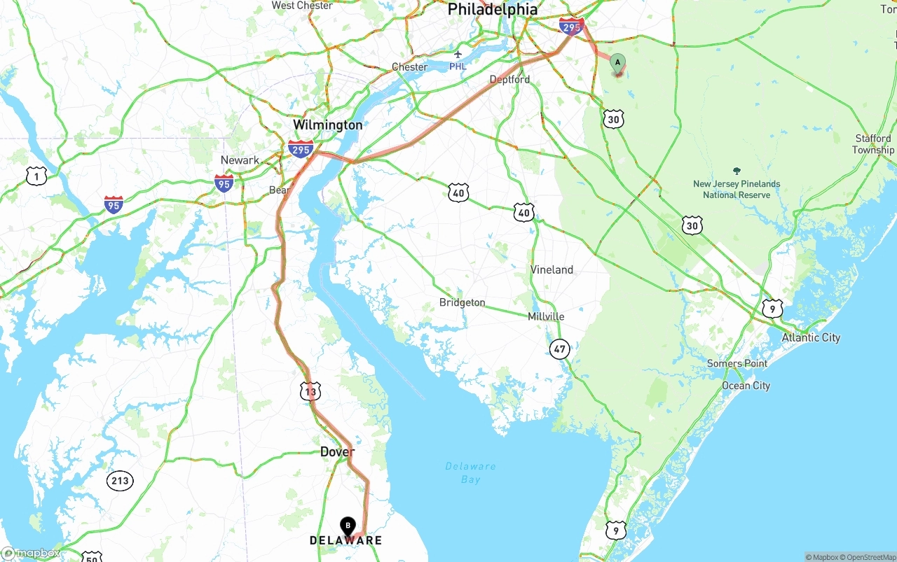 Shipping route from New Jersey to Delaware
