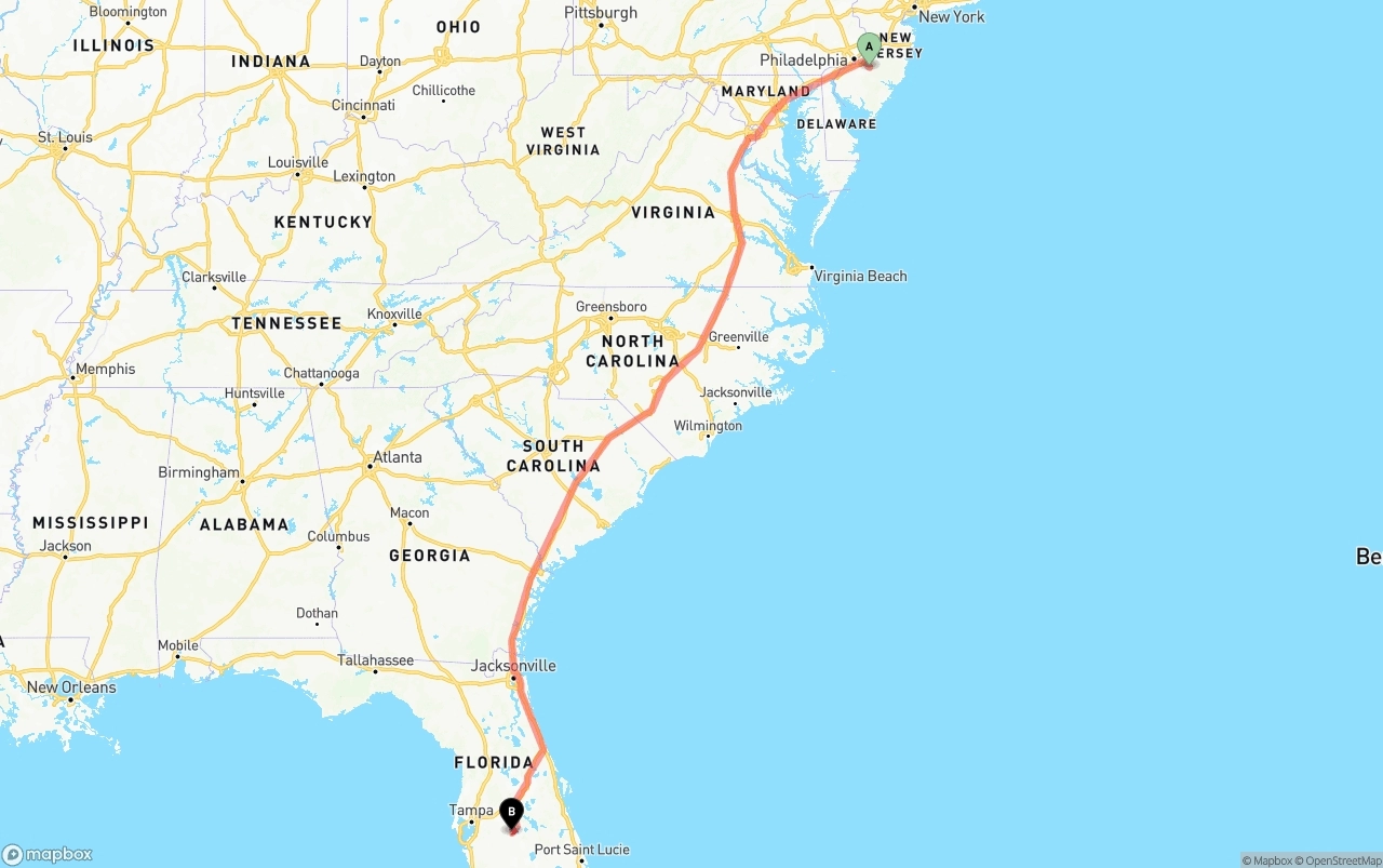 Shipping route from New Jersey to Florida