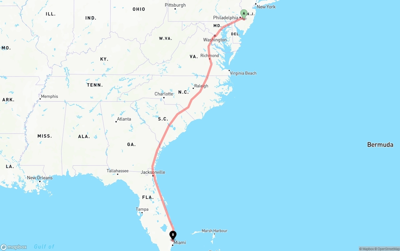 Shipping route from New Jersey to Fort Lauderdale-Hollywood International Airport