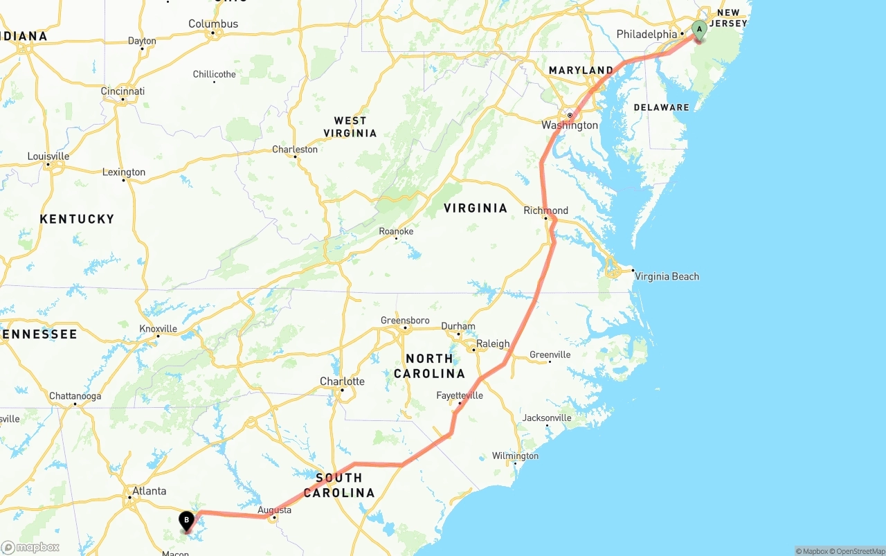 Shipping route from New Jersey to Georgia