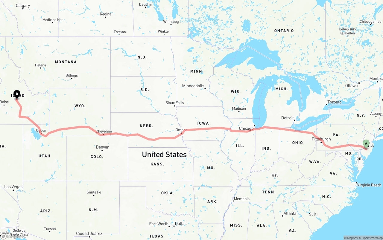Shipping route from New Jersey to Idaho