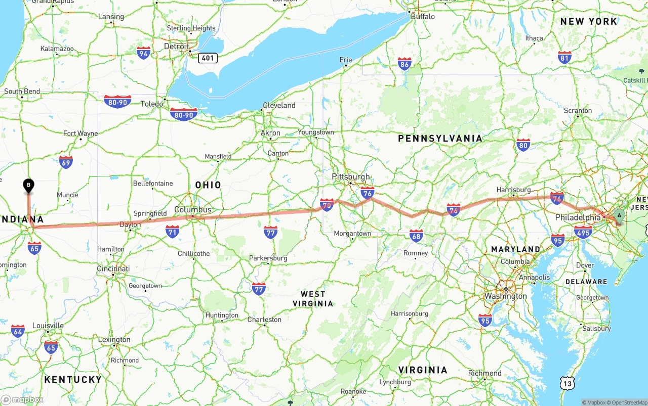 Shipping route from New Jersey to Indiana