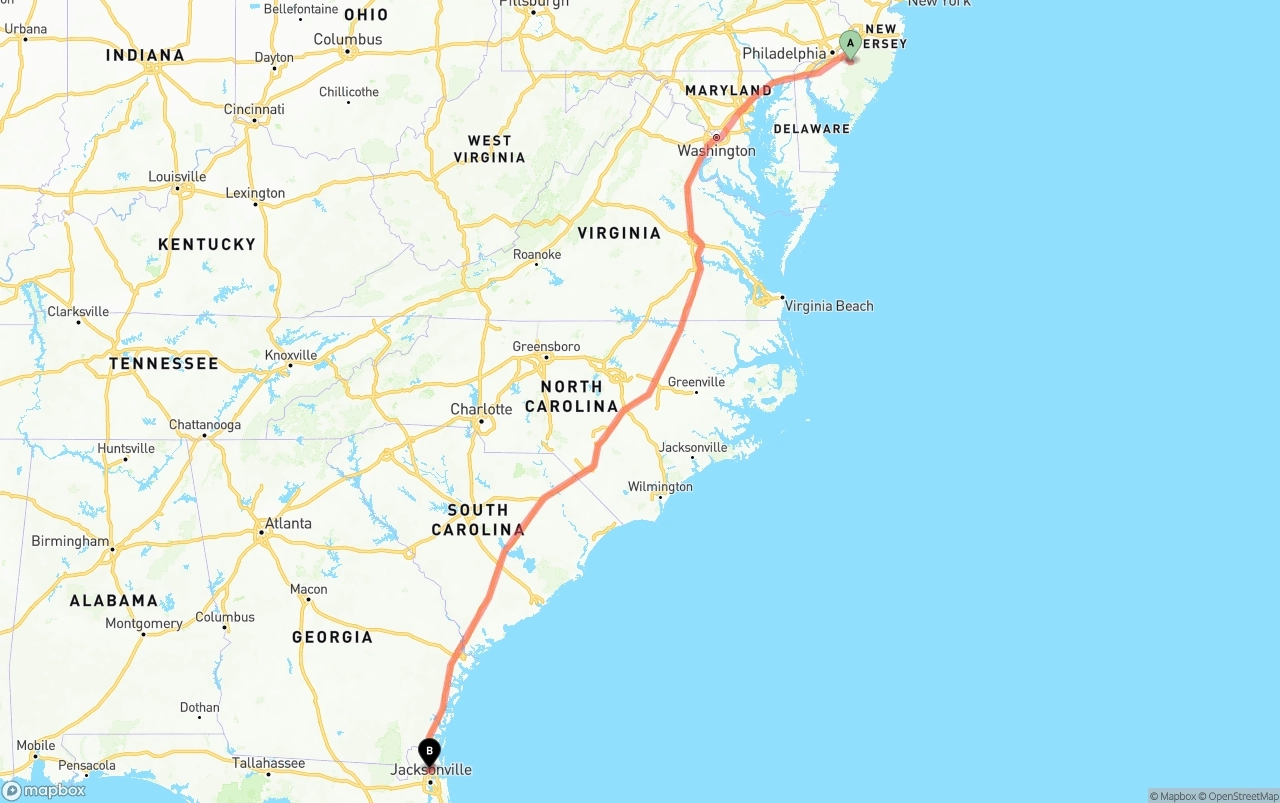 Shipping route from New Jersey to Jacksonville International Airport