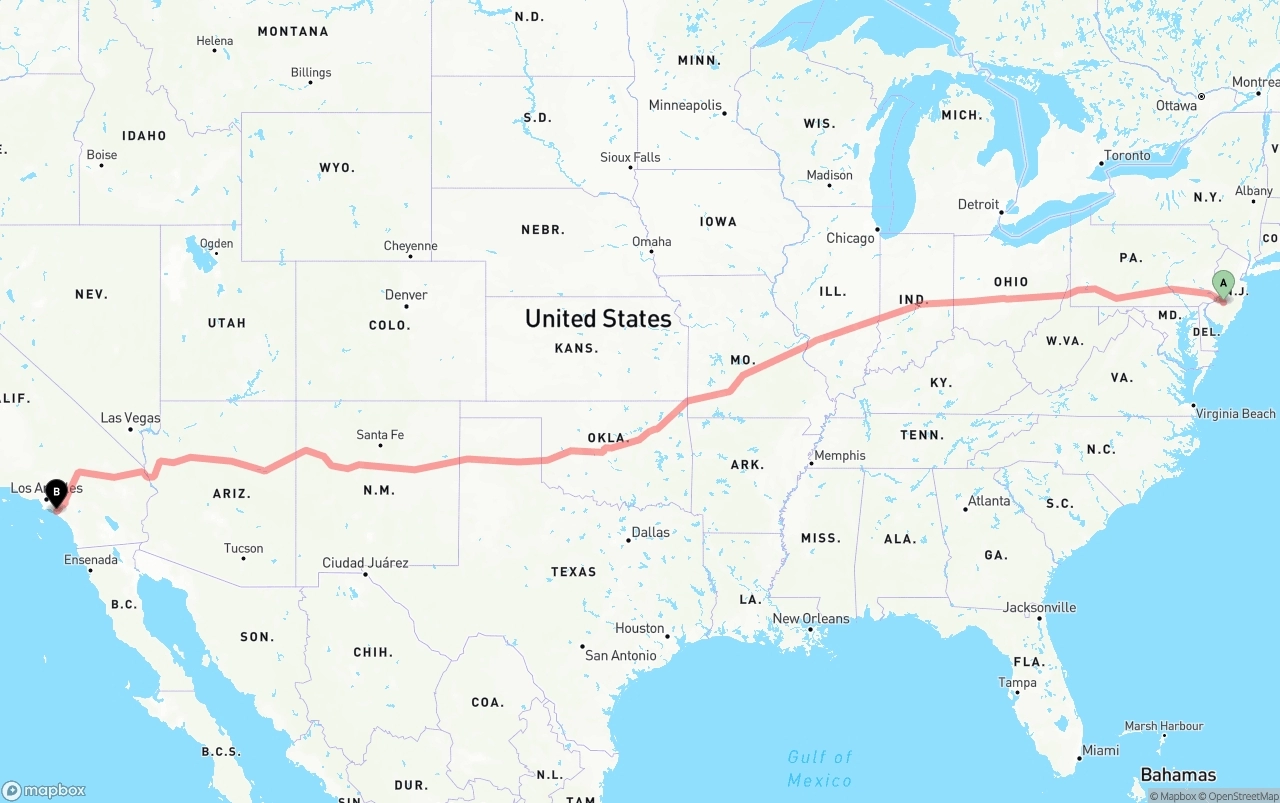 Shipping route from New Jersey to John Wayne Airport — Orange County